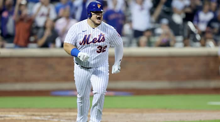 Mets DH Daniel Vogelbach celebrates a home run.
